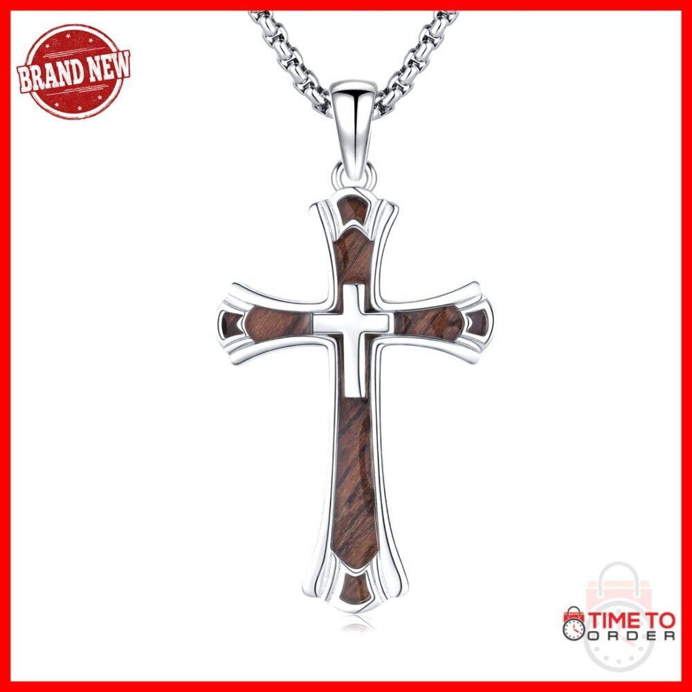 925 Sterling Silver Cross Necklace for Men with 24" Chain